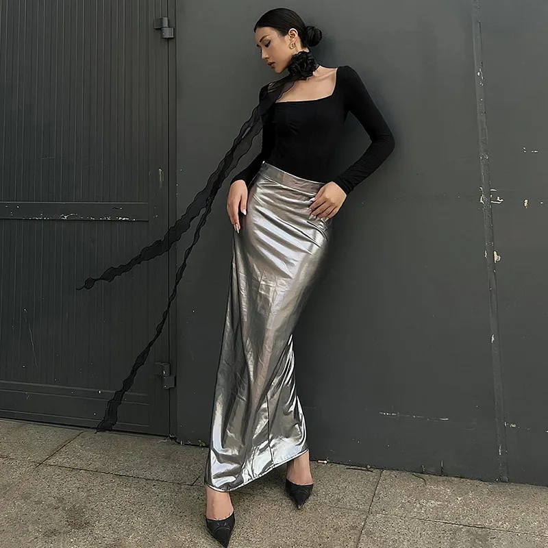 もこもこ　0329 DHgate.com:Y2K Shiny Silver PU Leather Maxi Skirt, Low Waist