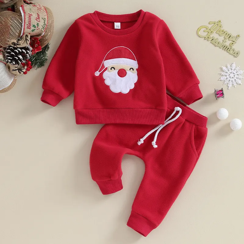 2024 Toddler Boys' Christmas Outfit: Santa Embroidery Sweatshirt Solid  Pants Set
