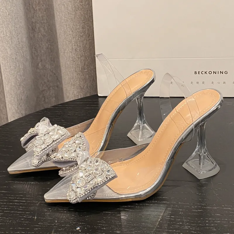 Crystal Butterfly Pumps PVC High Heels 2024 Transparent Pointed Toe Party Prom Mules