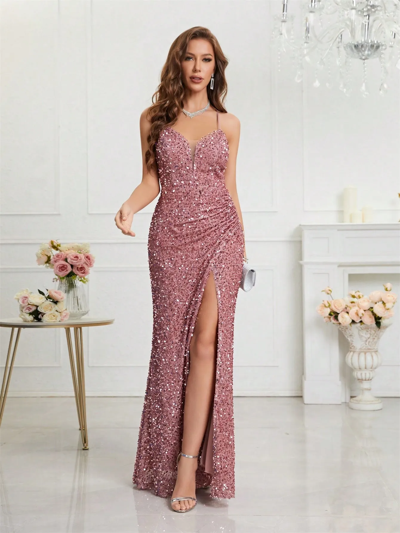 sequin thigh split dress Bellerose Thigh Split Sequin Dress Purple