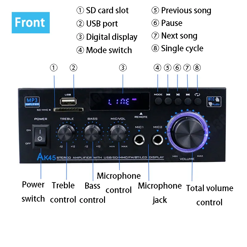 Ampli Stéréo Bluetooth AK35 Pro 800W, USB/FM/Micro SD, 2 Canaux, Noir