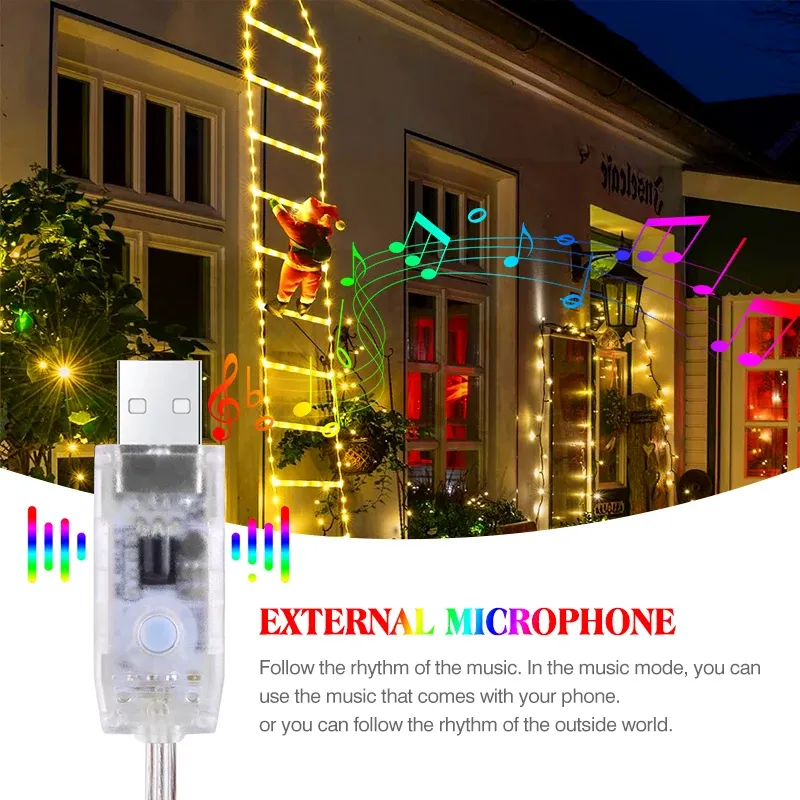 Santa Remote Control 75/300cm LED Santa Claus Ladder Lights with Climbing Santa, USB Remote ...
