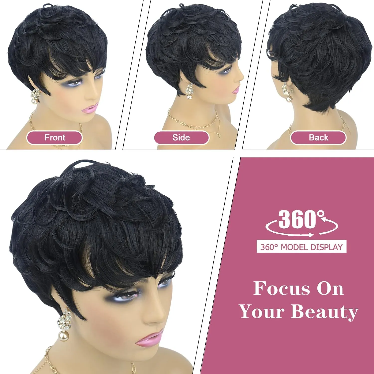 Wig Human Hair Short Pixie Cut: Layered Black Wavy... From 
