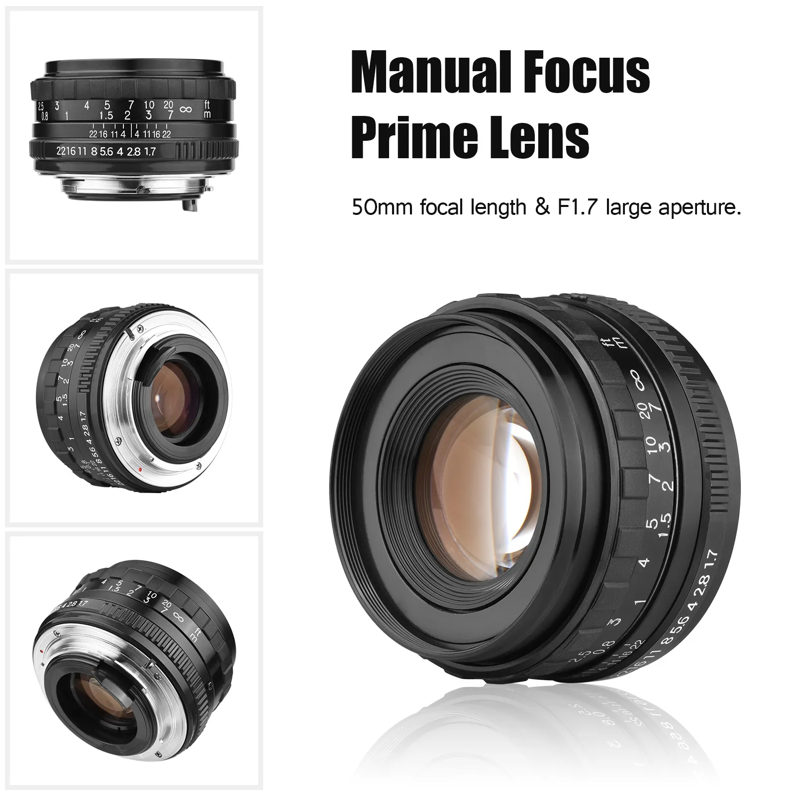 50mm F1.7プライムレンズ：フルフレームカメラ用の手動フォーカス