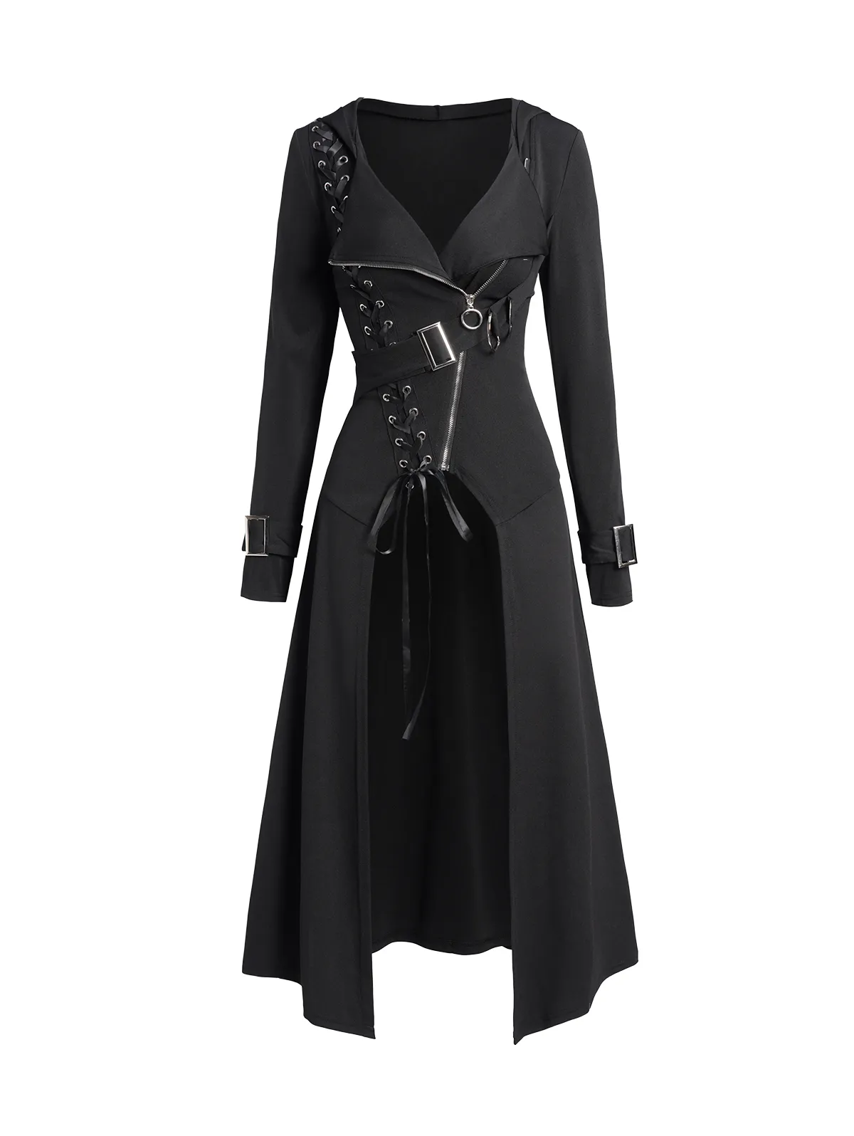 Fall Gothic Lace-up Hooded Trench Coat: Chic Zip Overcoat for Women