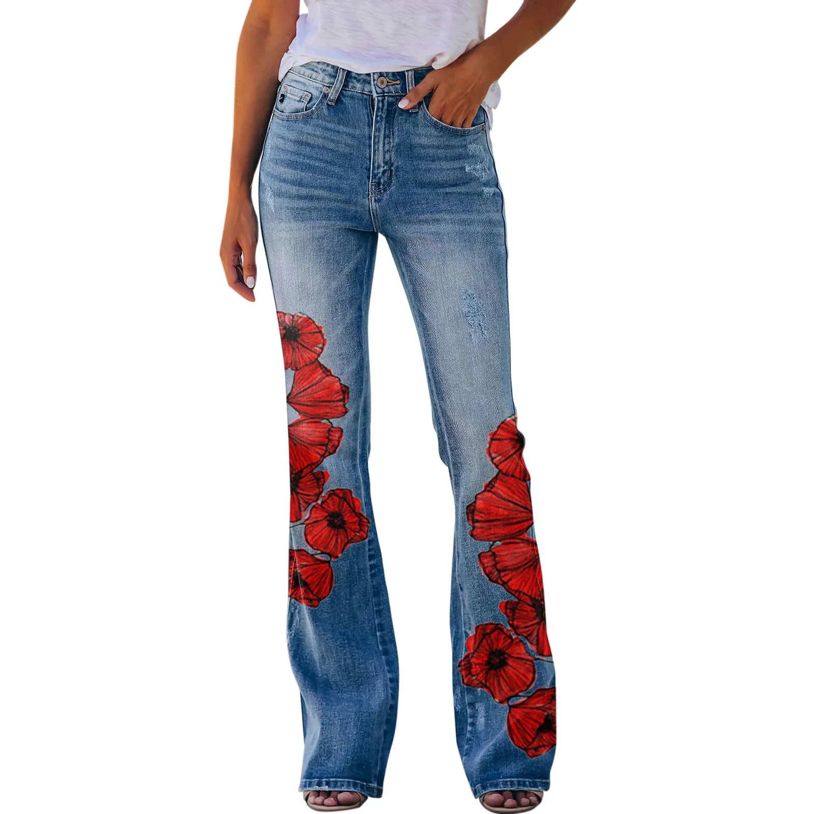 Harajuku Style Sunflower Print Flare High Waist Flared Jeans Harajuku Style Sunflower Print Flare High Waist Flared Jeans