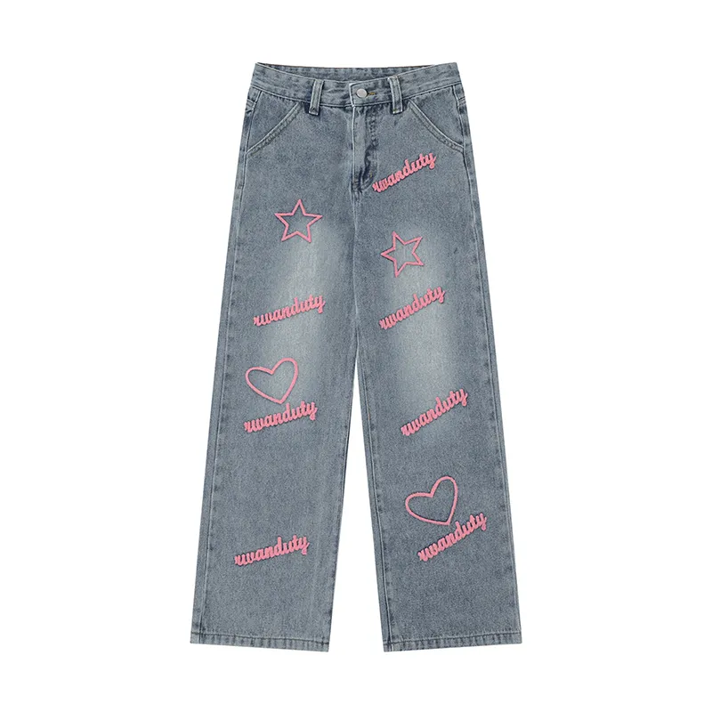 Vintage High Waist Embroidery Denim Jeans Wide Leg, Baggy