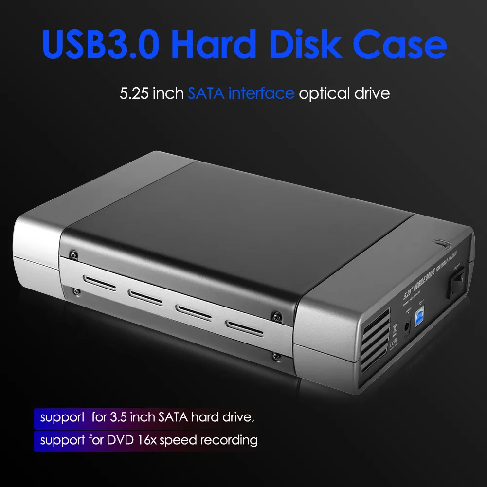 5.25 Inch External HHD Enclosure USB2.0/USB3.0 to SATA Optical Drive HDD Case Support DVD 16 Speed Recording Hard Disk Case