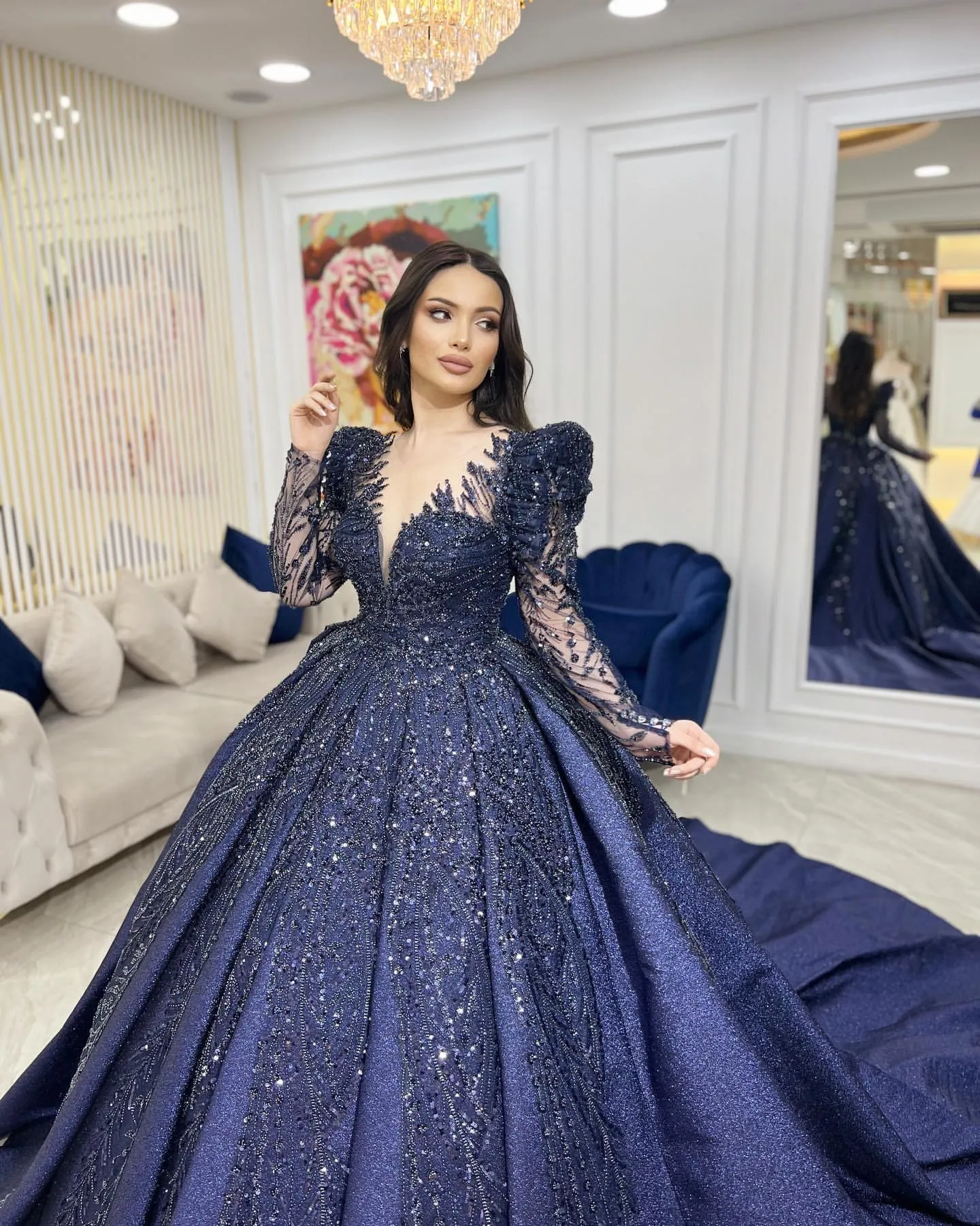Navy blue gown with sleeves sale