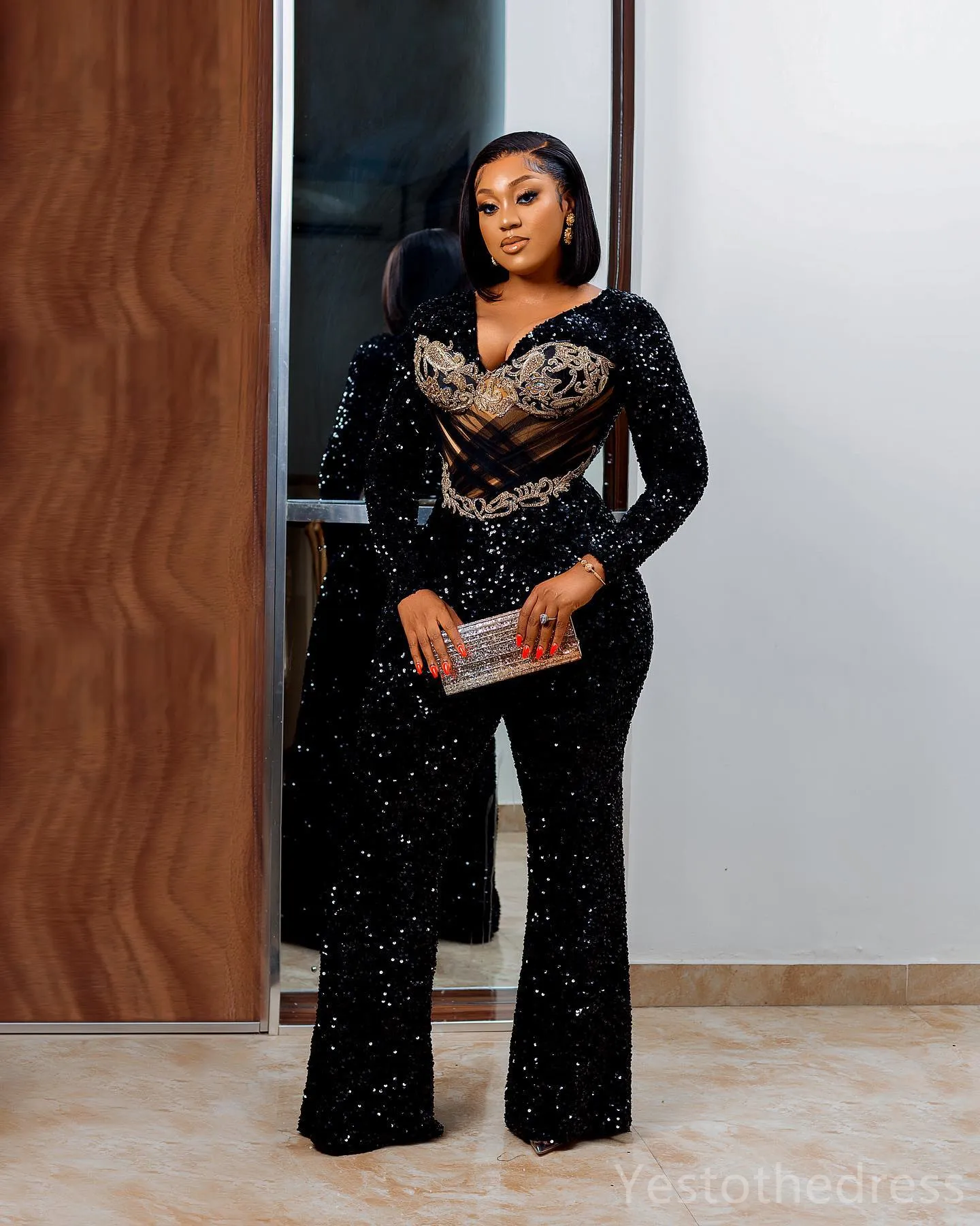 Black Sequined Jumpsuits For Special Occasions 2024 Elegant Plus