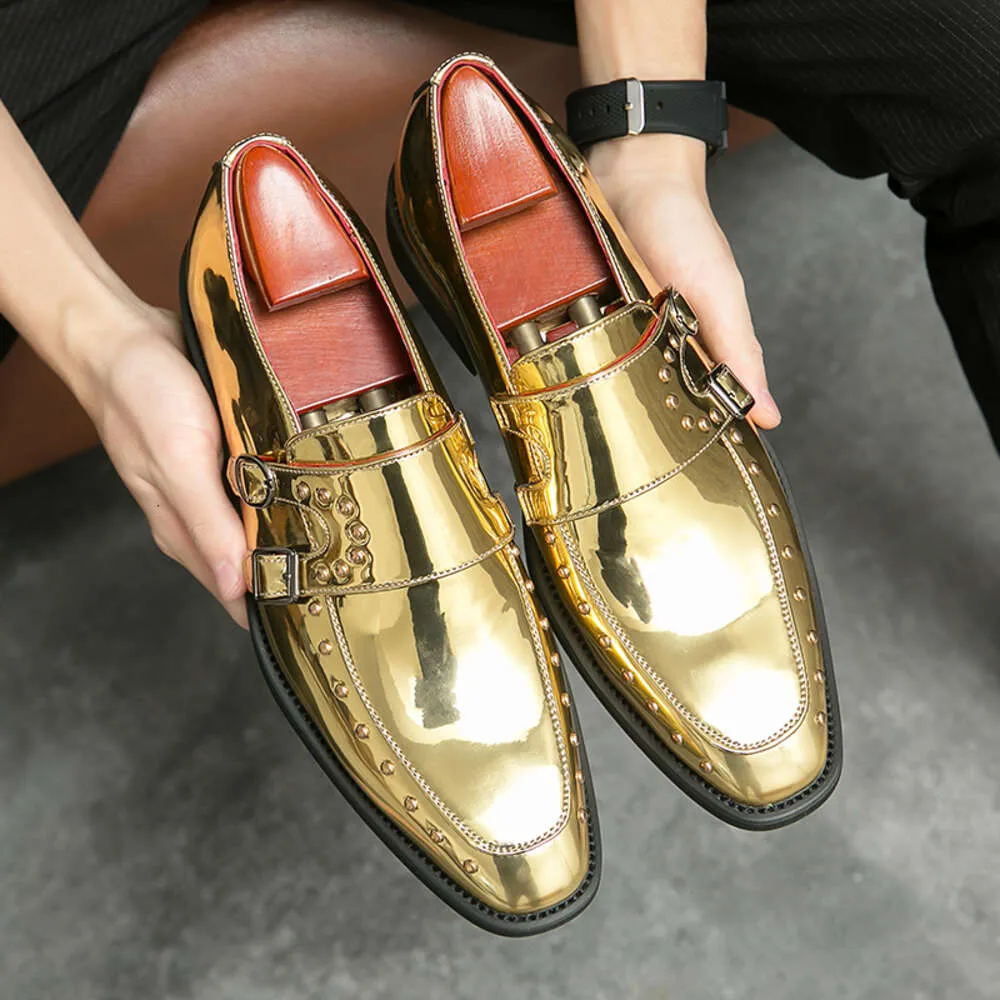 Men s Gold Business Office Flats Patent Leather Original Oxfords for Wedding Formal Shoes