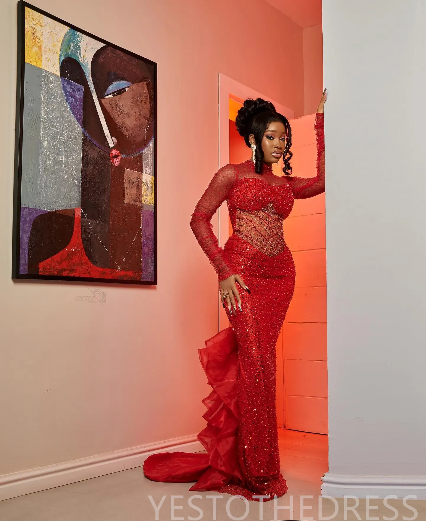 High neck long sleeve prom dress deals