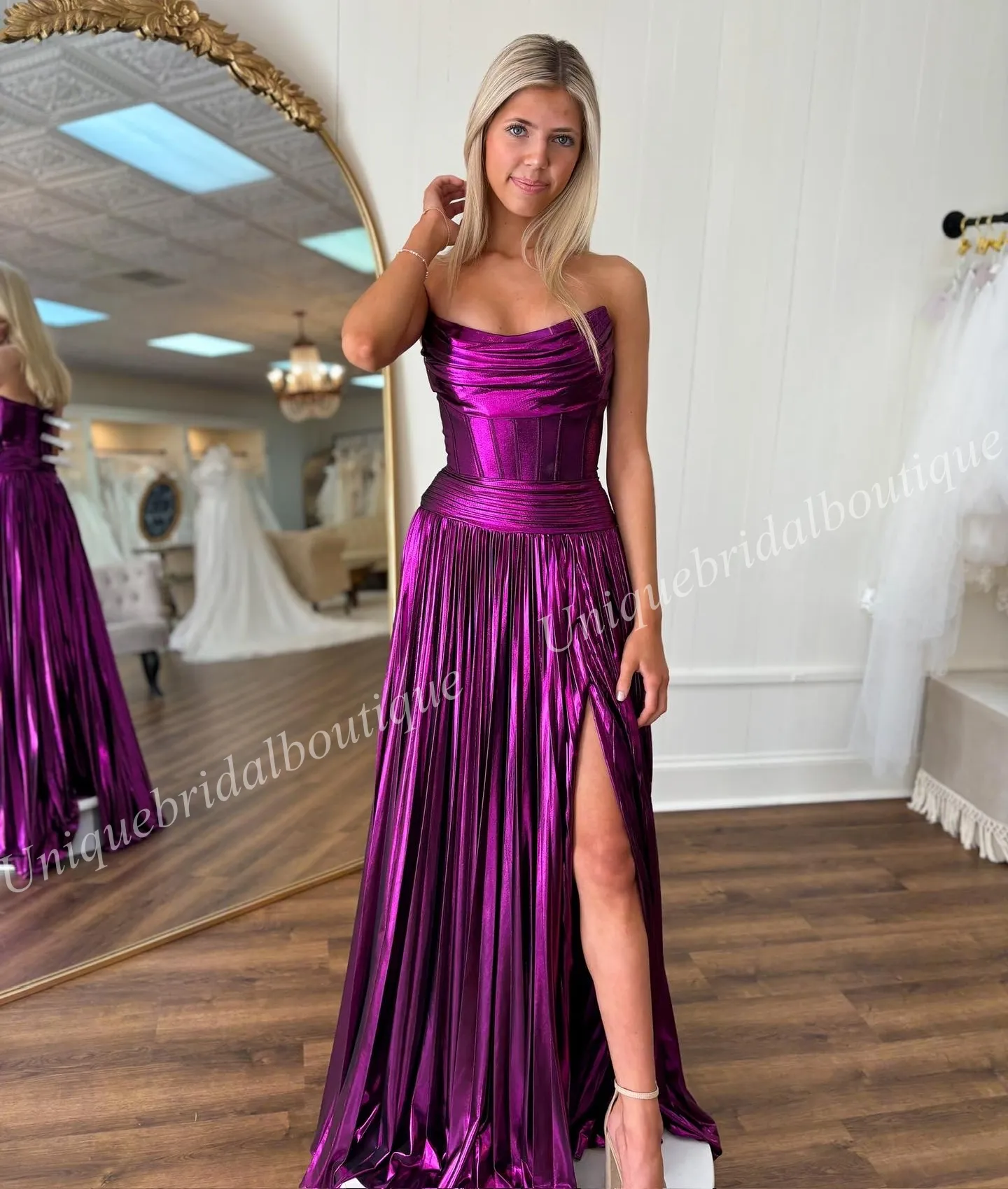 Metallic Grecian Goddess Prom Queen Dress Draped Neck Ruched Waist Formal Gown