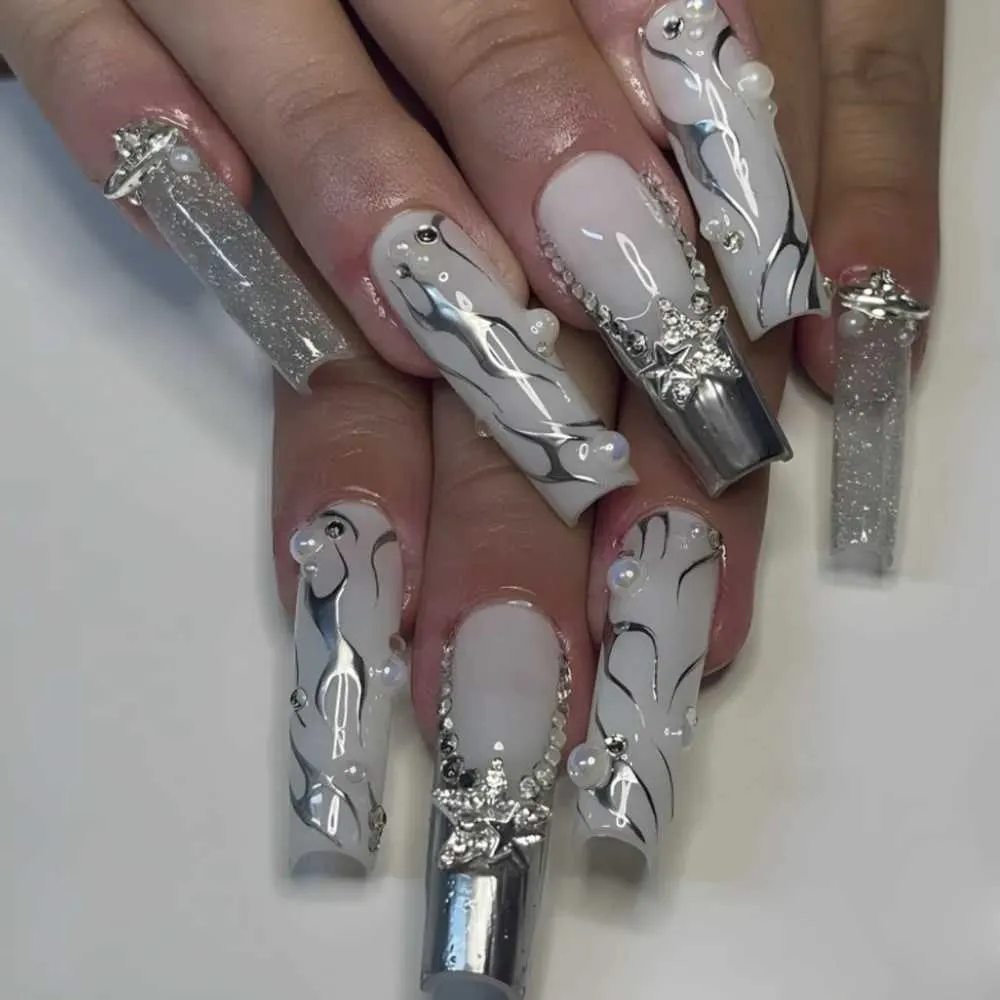 Faux Nails 2024 Punk Cool Faux Nails Sliver Fragation Fragation Y2K