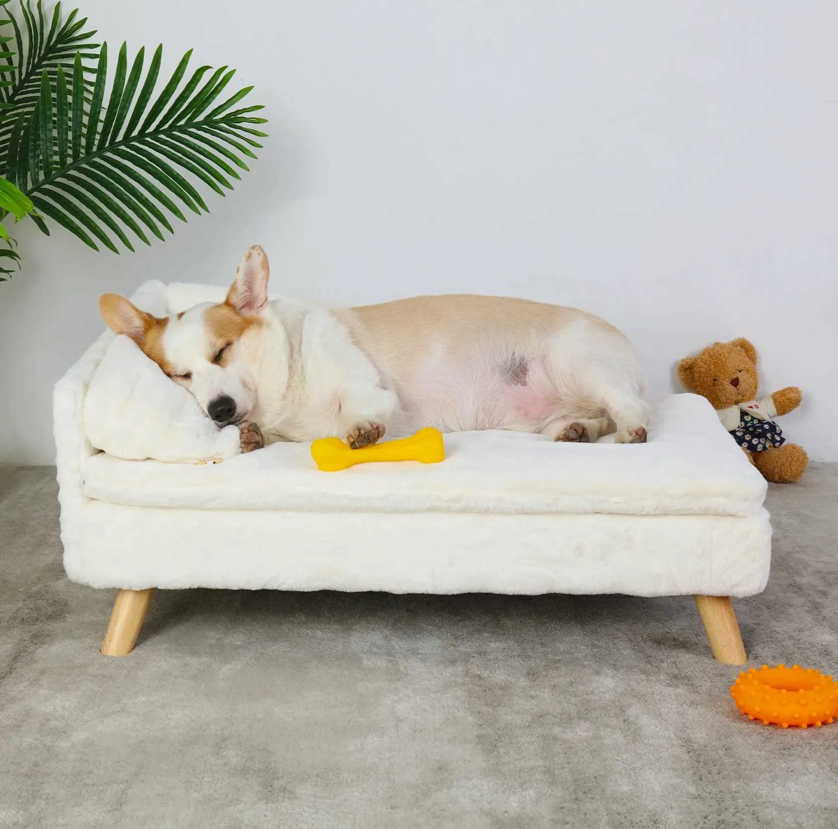 Wooden plush fur dog sofa top