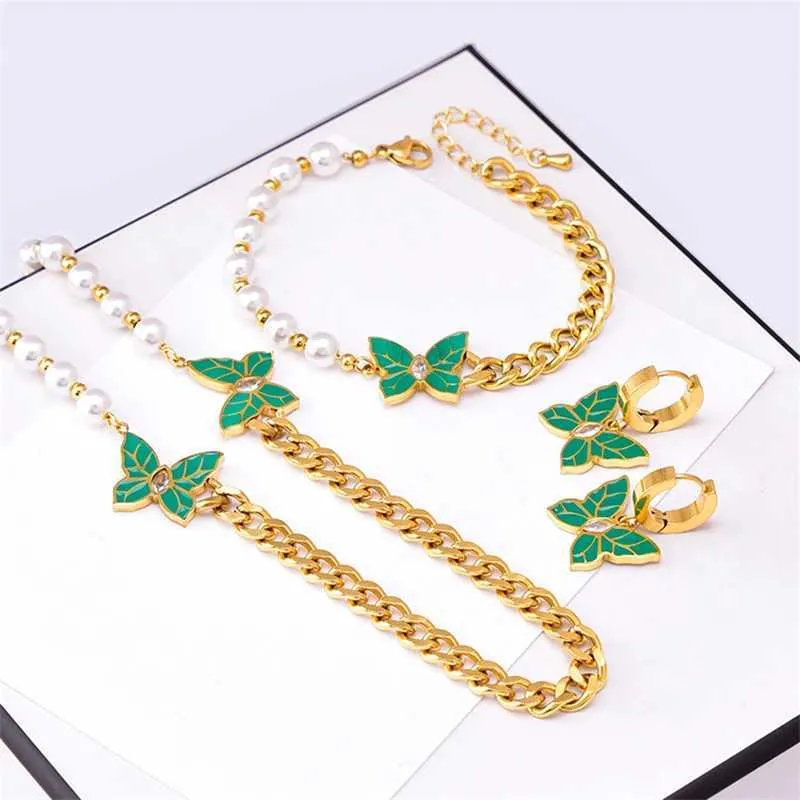 316L Stainless Steel New Fashion Fine Jewelry Zircon Pearl Green Butterfly Charm Chain Necklaces Bracelets Earrings For_voghion.com