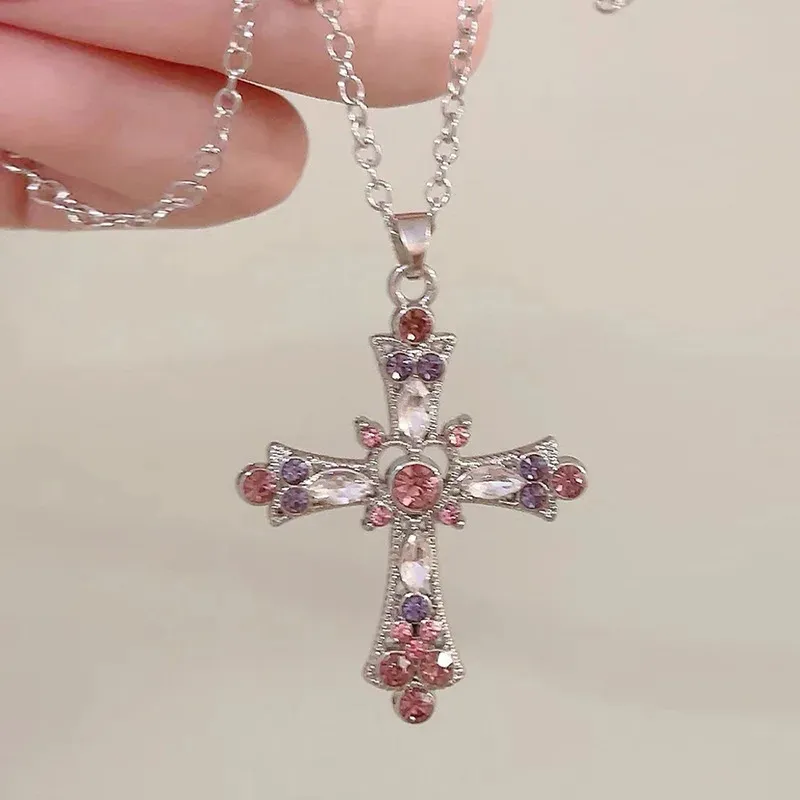 Y2K Zircon Cross Necklace Pink Purple Love Heart Cross Pendant Necklaces  for Women Gothic Jewelry Party Girls Accessories 2023