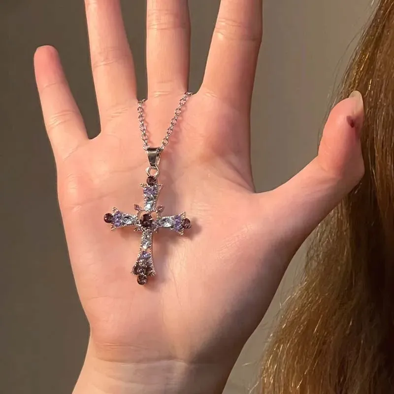 Y2K Zircon Cross Necklace Pink Purple Love Heart Cross Pendant Necklaces  for Women Gothic Jewelry Party Girls Accessories 2023