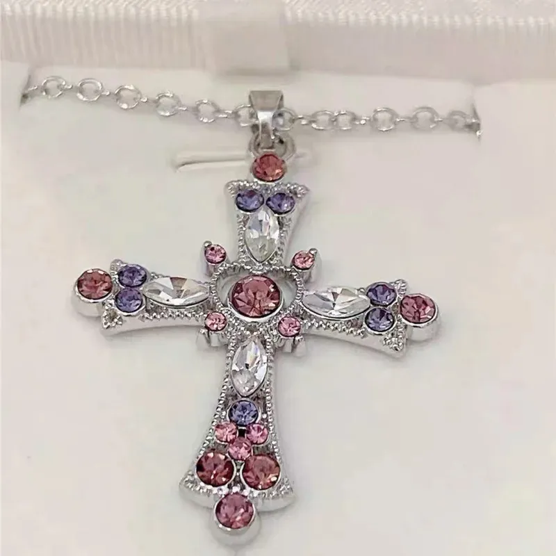 Y2K Zircon Cross Necklace Pink Purple Love Heart Cross Pendant Necklaces  for Women Gothic Jewelry Party Girls Accessories 2023
