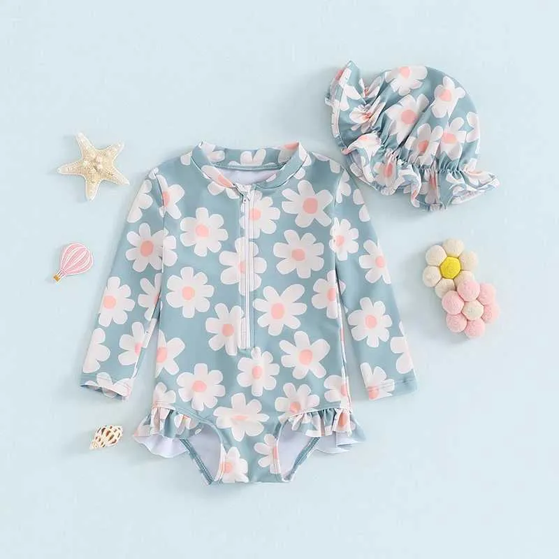 Baby Girl's Floral Long-Sleeve Swimsuit Rash Guard with Hat - One-Piece ...
