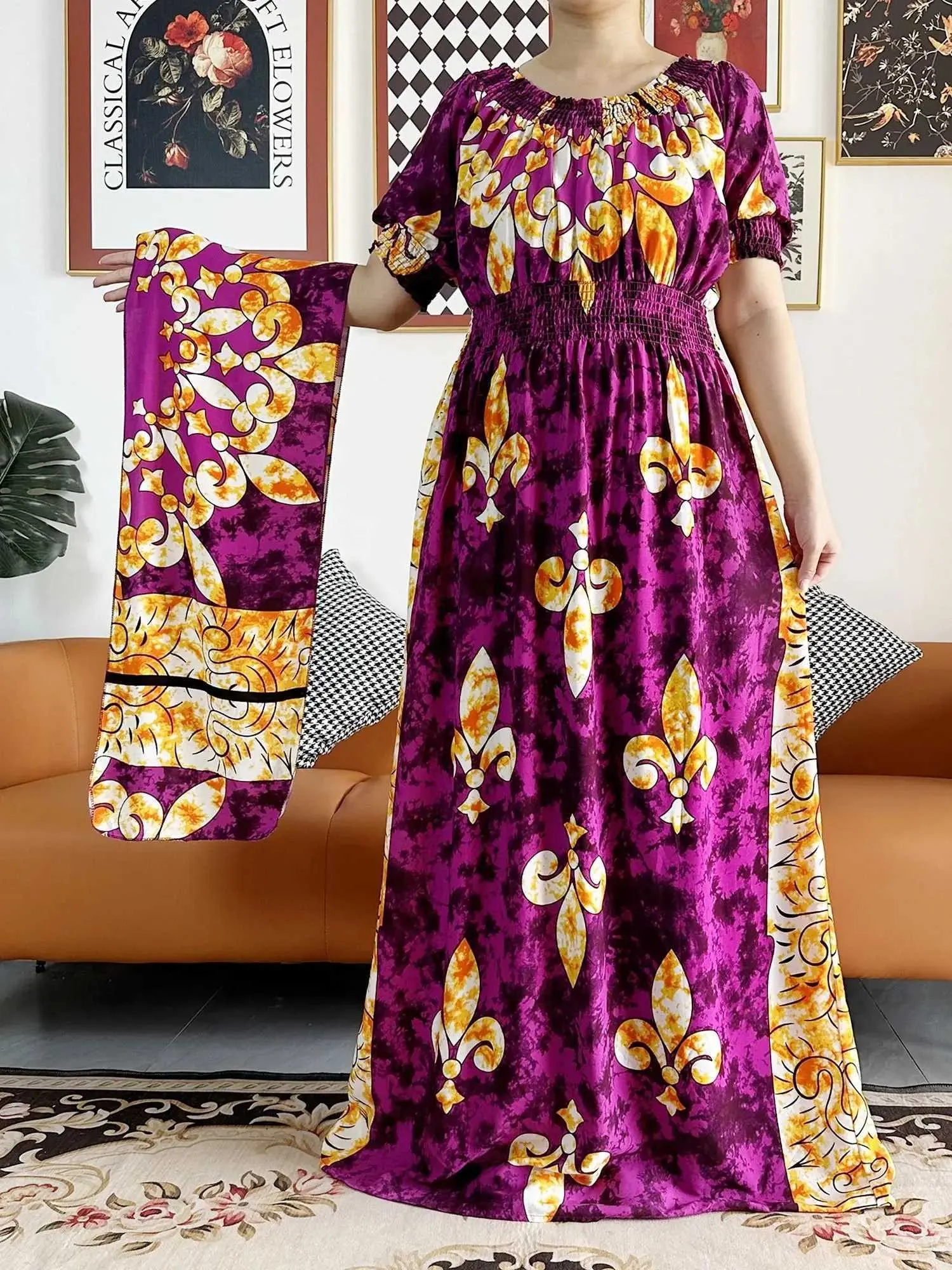 Floral Cotton Dashiki Dress Summer Short Sleeve African Women s Abaya