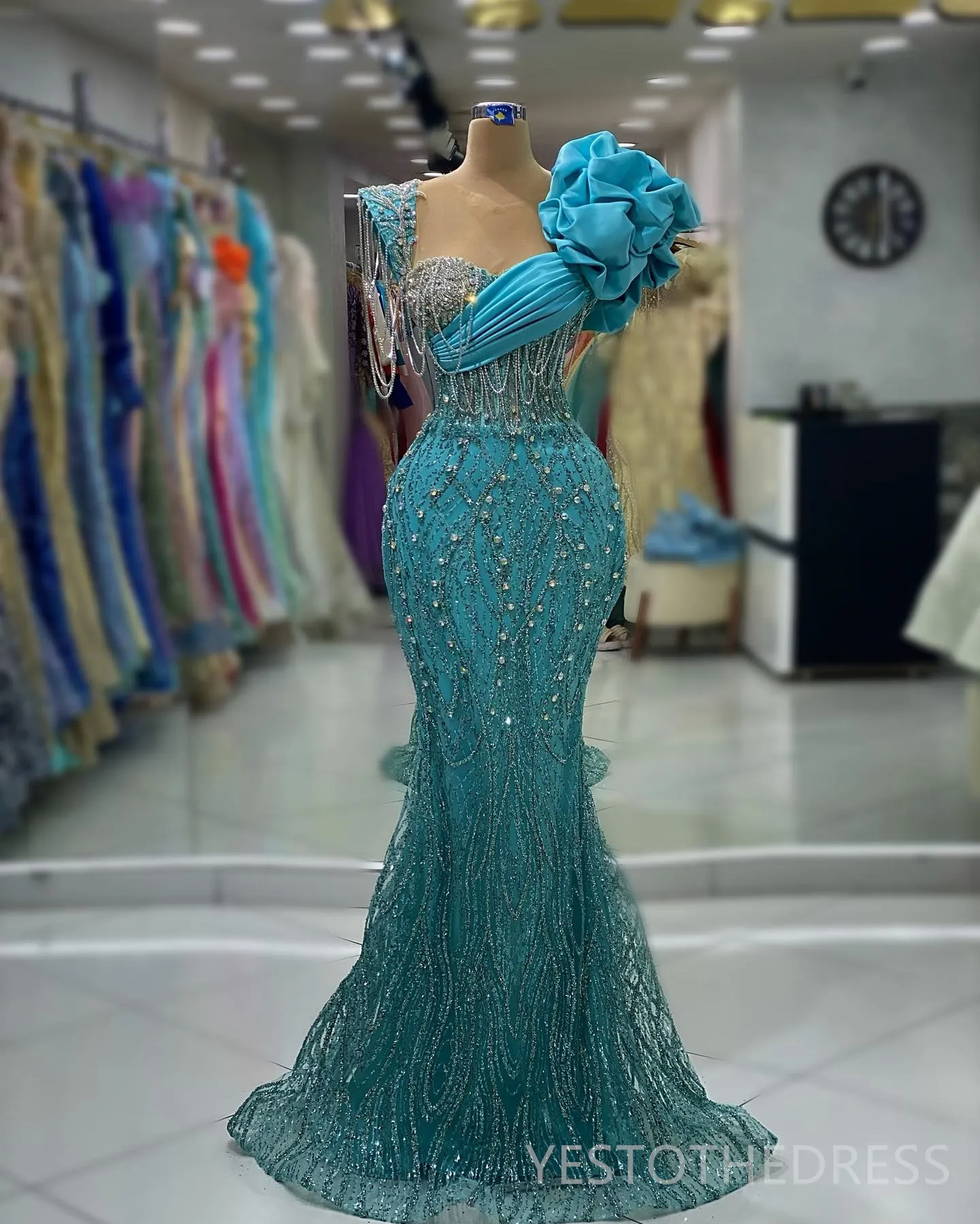 Blue Plus Size Blue sparkly prom dress with Sheer Neckline, Beaded Lace, Tassel, and Rhinestone Embellishments - Perfect for Special Occasions,