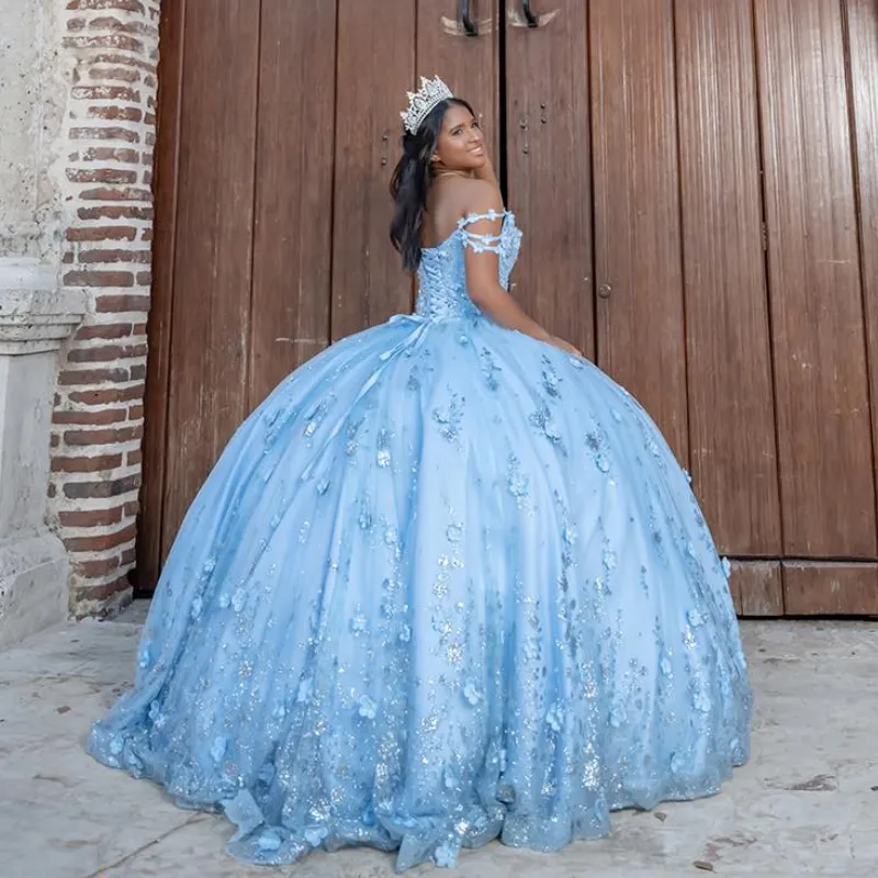 Sky Blue Shiny Princess Quinceanera Dresses Off Shoulder Lace Appliques Crystal Tull Ball Gown Sweet 16 Dresses Vestidos De 15 From Zaomeng321 328.25 DHgate.Com