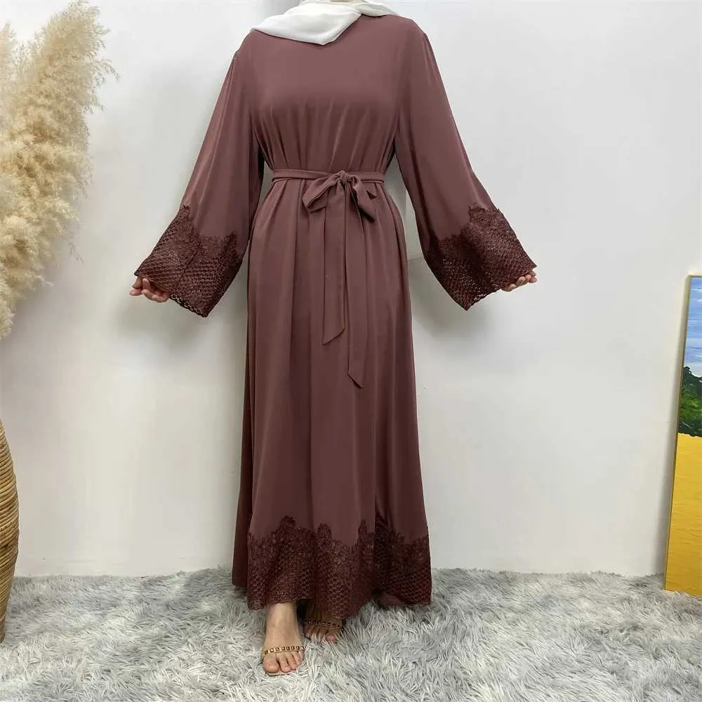 abaya elegant dress with belt Modest Fashion 2 Pieces Set Crystal Belt Open Abaya Dress Set With Inn –  Urgarment main image 1