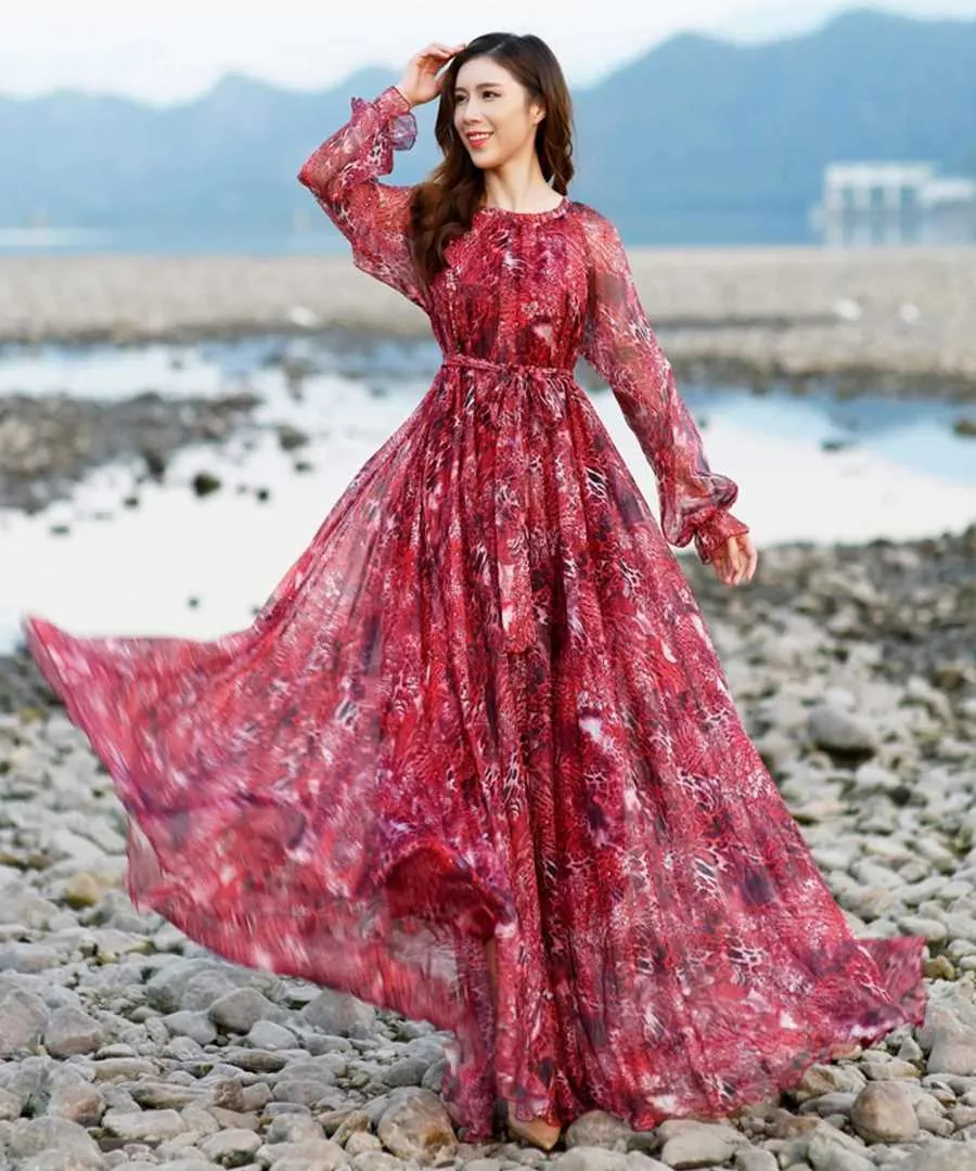 open lace back dress Cherry Pink Floral Long Sleeve Midi Dress - All Dresses