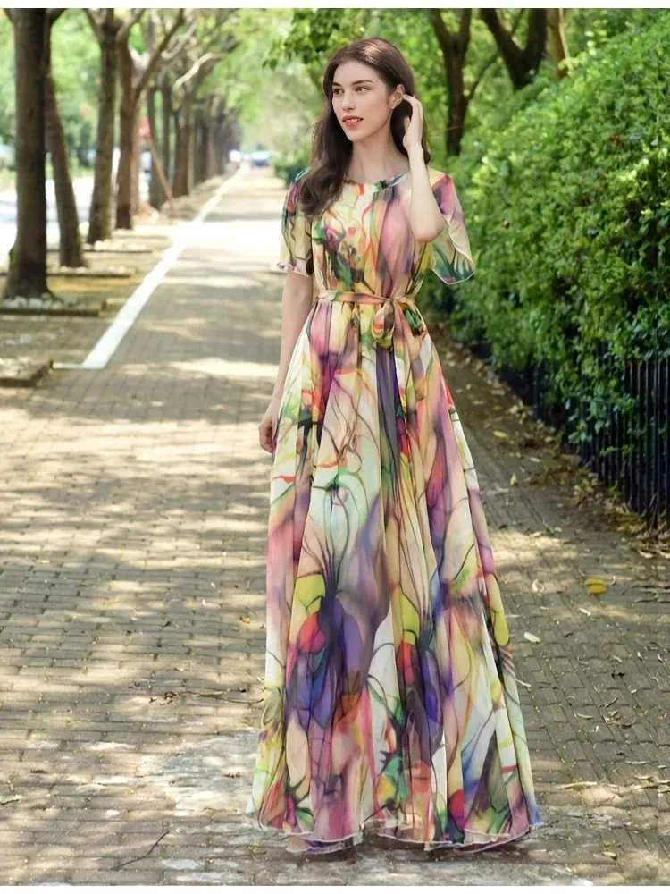 Bohemian Long Dress Floral Print Chiffon Polyester Ethnic Clothing with  Sashes for Middle Age Adults
