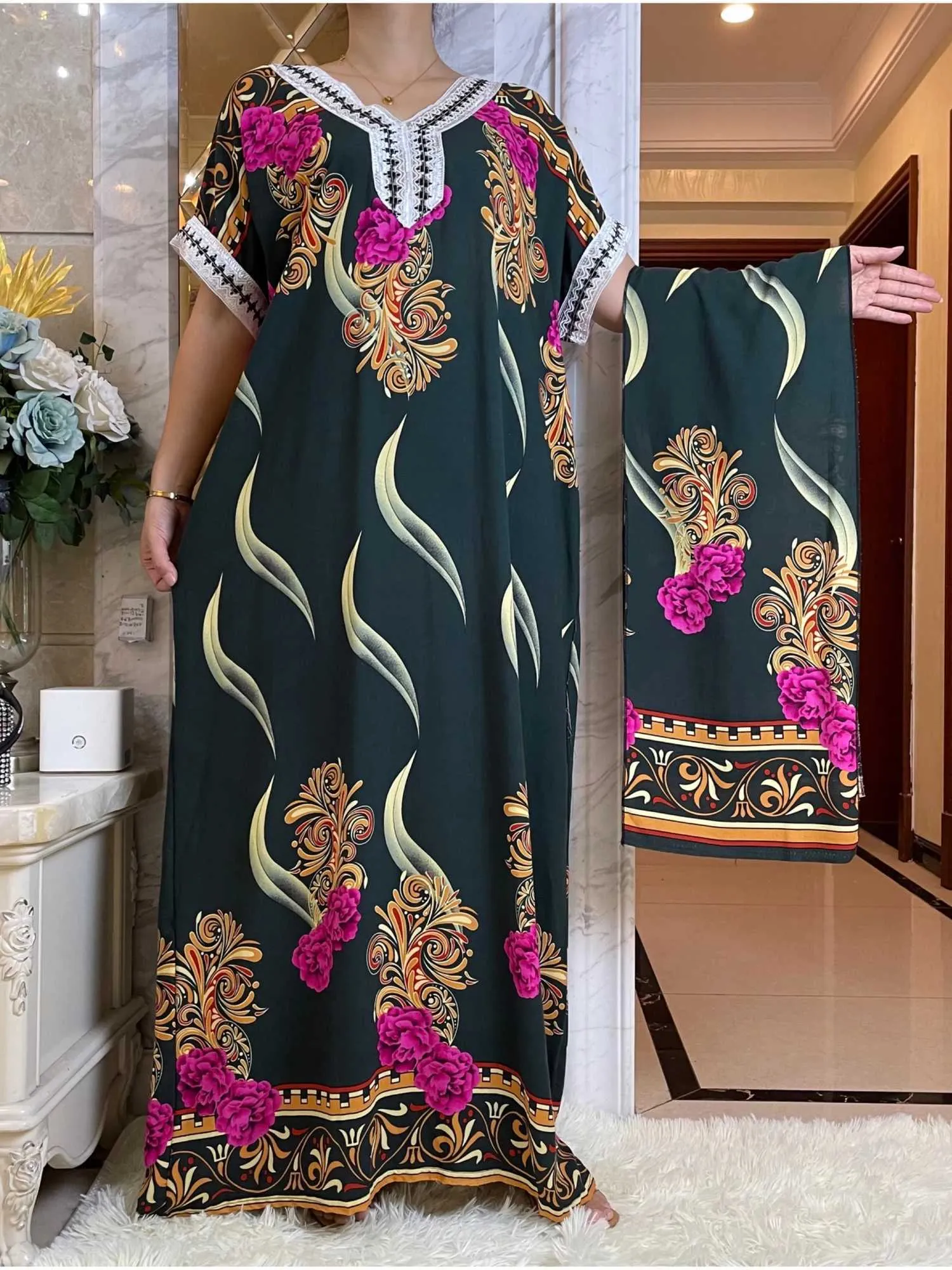 2023 Summer African Style Short Slve Abaya Dashiki Floral Print Gilding Cotton Caftan Maxi Dress For Muslim Women Ethnic Print Dress T240510 From Us juneau 5.42 DHgate.Com