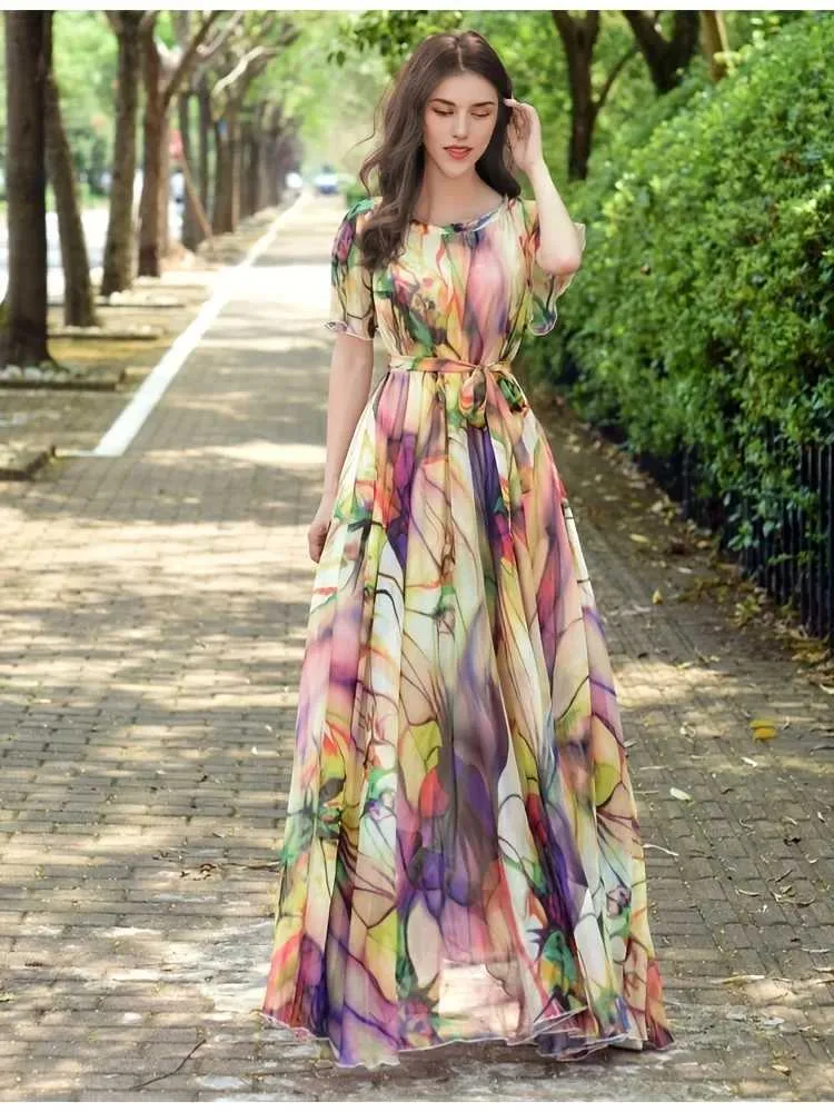 Bohemian Long Dress Floral Print Chiffon Polyester Ethnic Clothing with  Sashes for Middle Age Adults