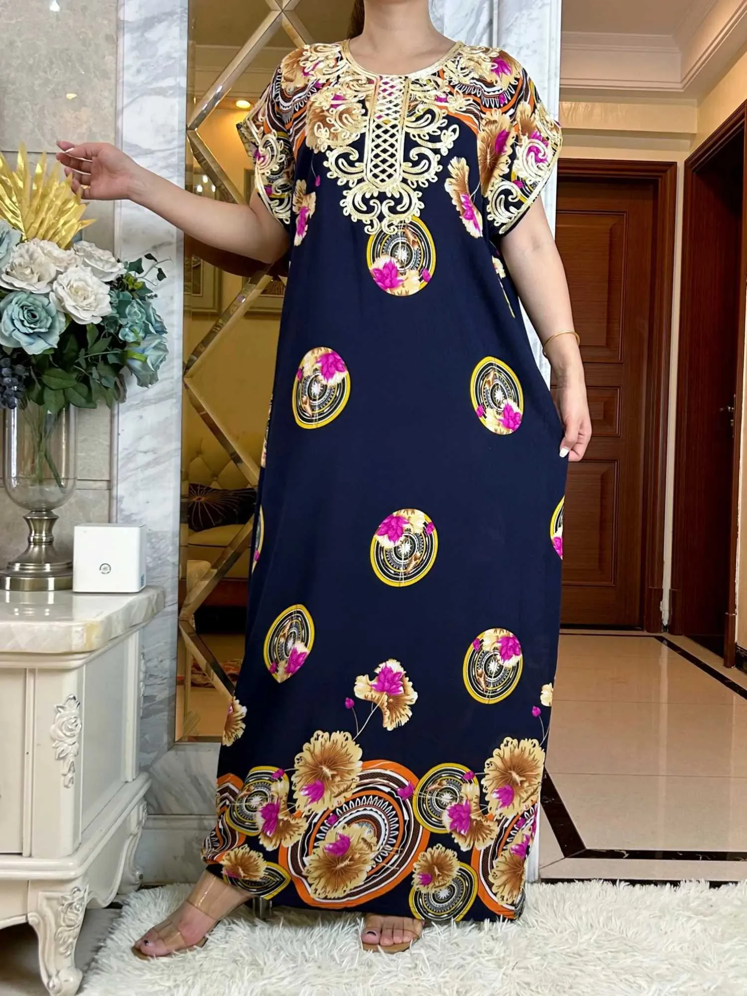 us juneau Ethnic Clothing New African Abaya Style Summer Women Short Slve Dresses Floral Printed Big Flower Loose Boubou Maxi Islam Clothes T240510