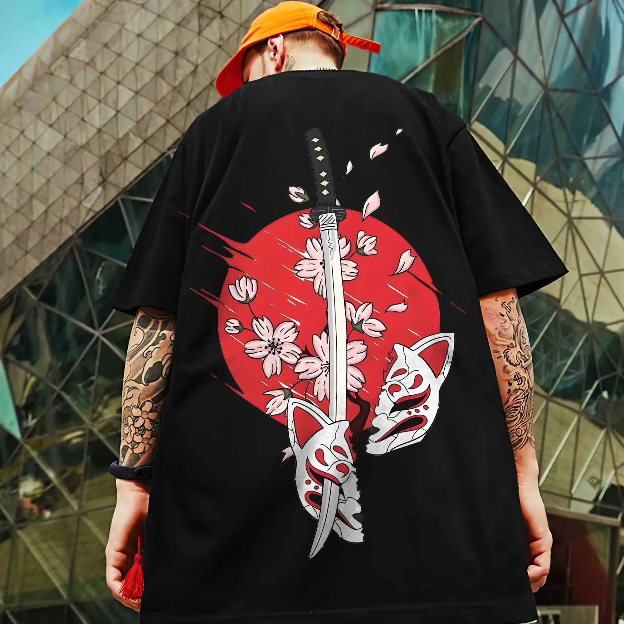 Men's Oversized Short Sleeve T-Shirt with Japanese Samurai Sword