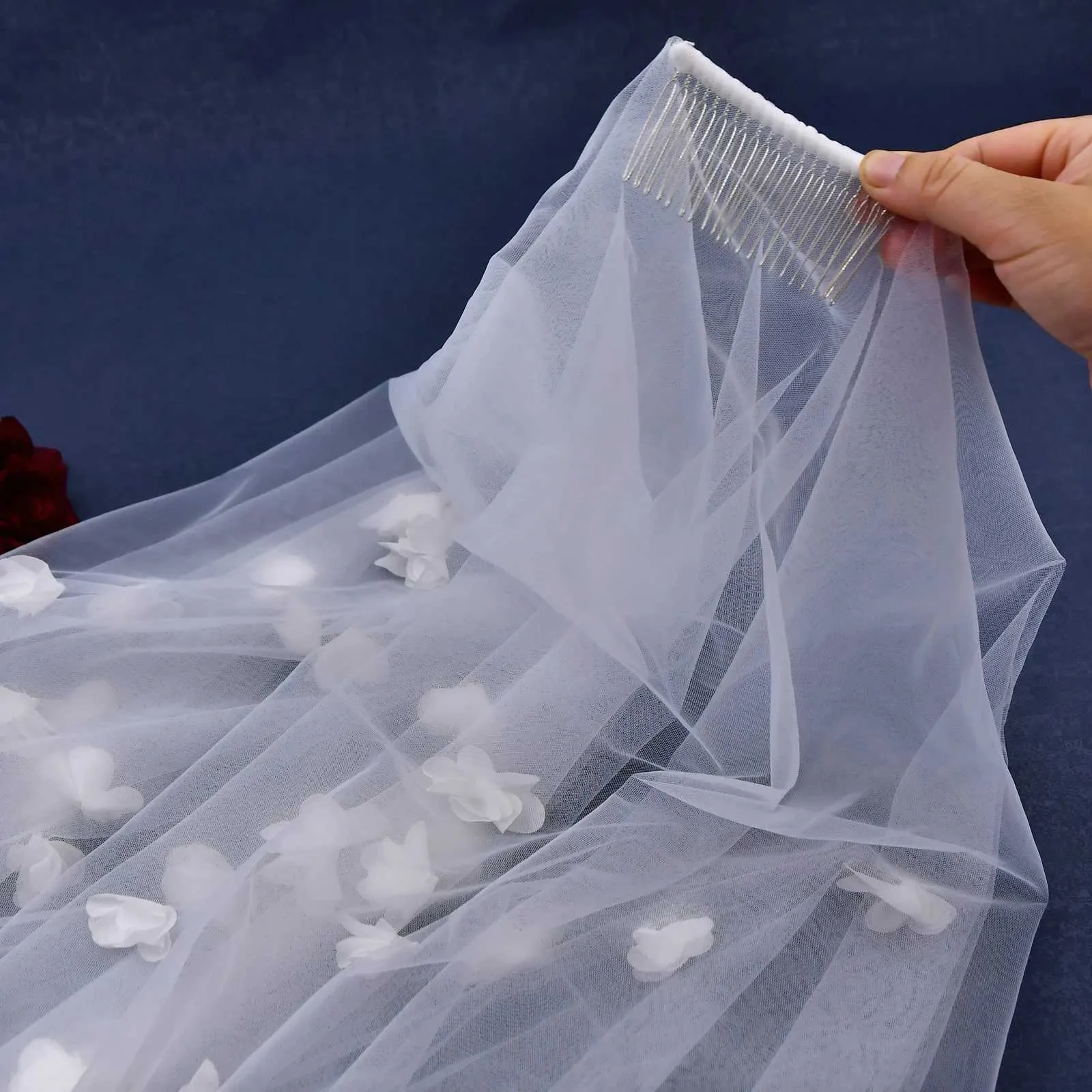 Voile de mariée avec fleurs 3d long voile cathédrale pour mariage_voghion.com