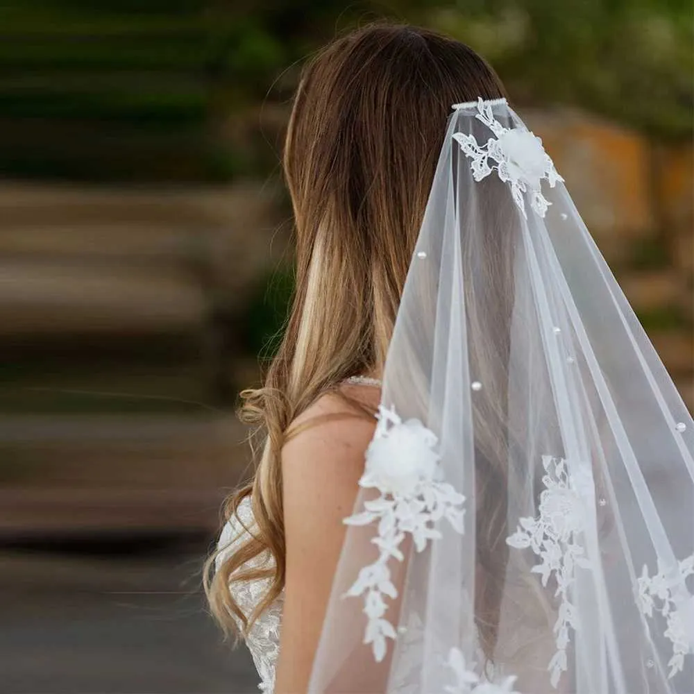 Gioielli per capelli 3D Fiori Veli da sposa Perle Velo 1 strato Lungo Cattedrale veu con pettine Accessori da sposa per la sposa VP56_voghion.com