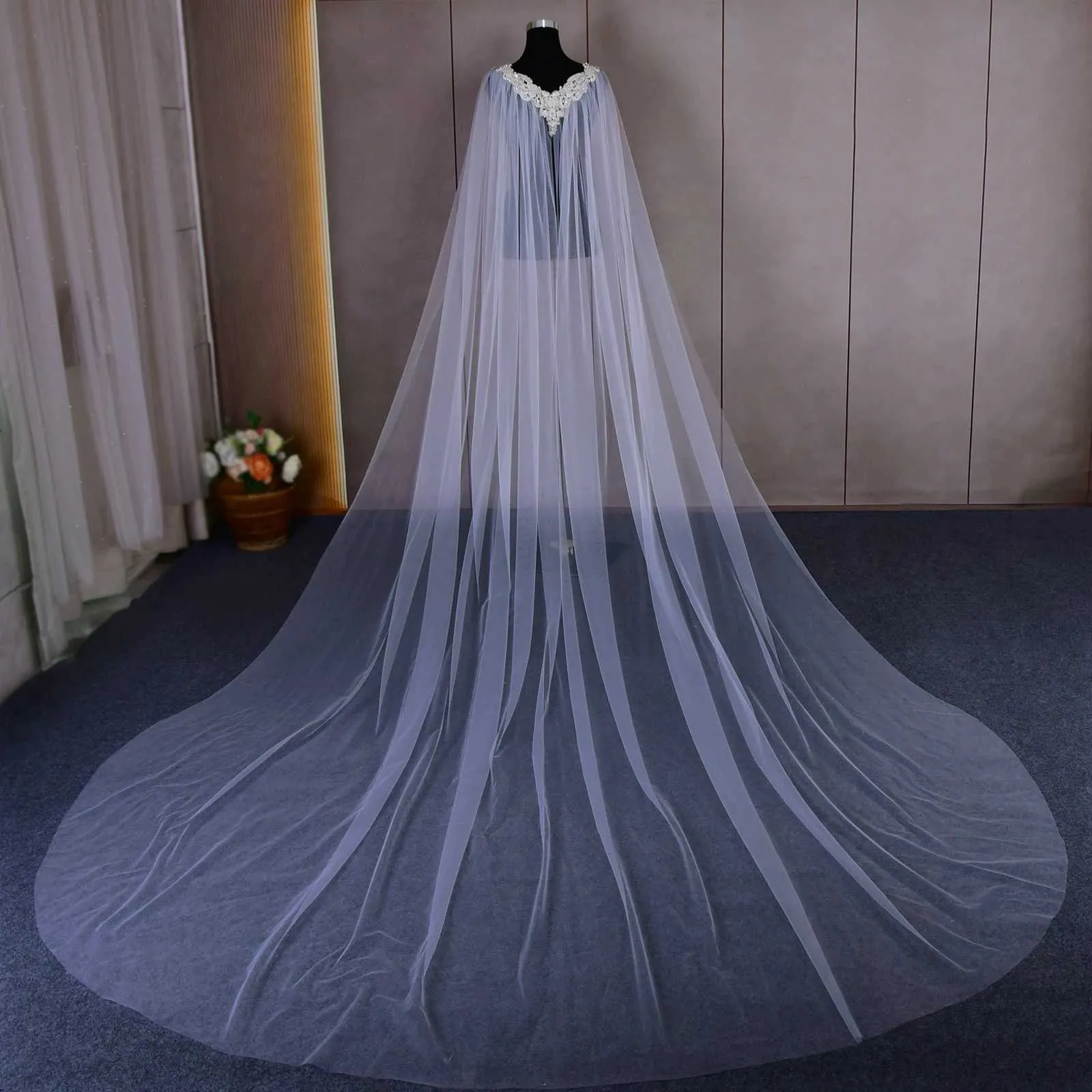 Long Bridal Cape Veil With 3d Flowers Elegant Wedding Shawl_voghion.com