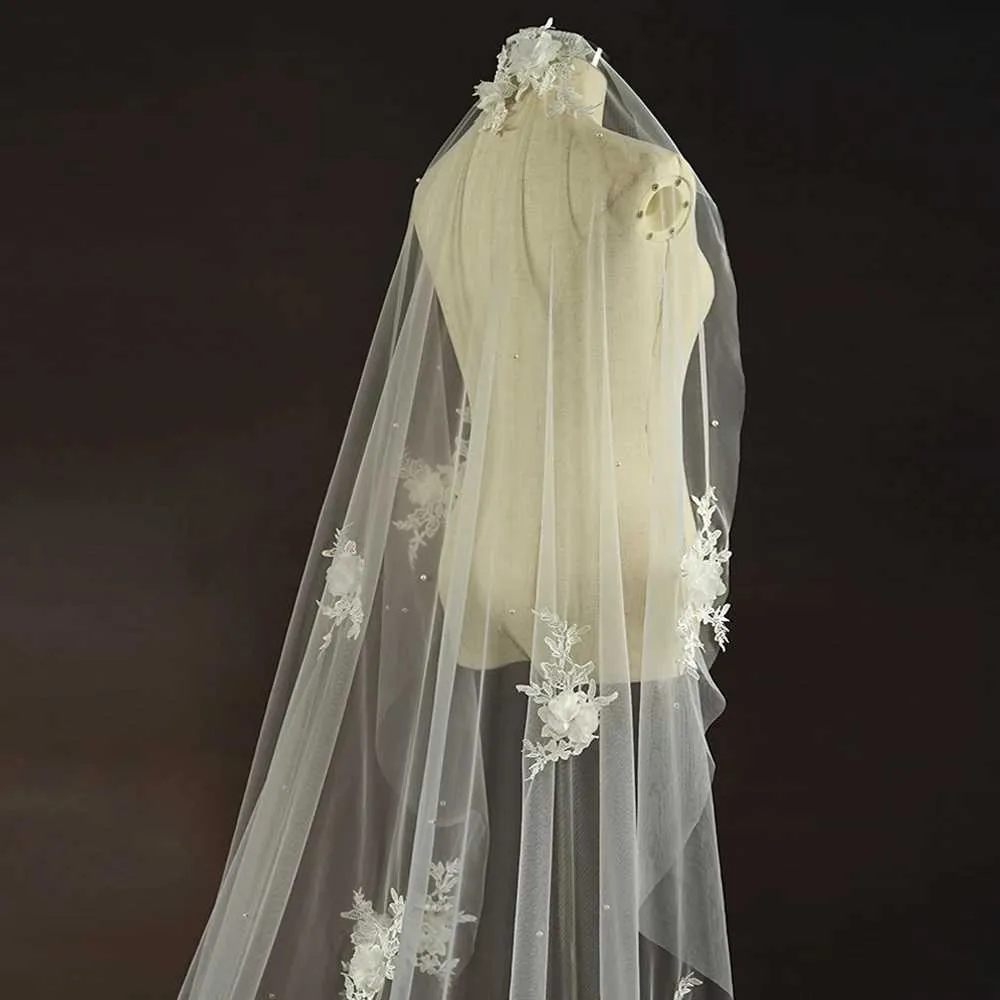 Gioielli per capelli 3D Fiori Veli da sposa Perle Velo 1 strato Lungo Cattedrale veu con pettine Accessori da sposa per la sposa VP56_voghion.com