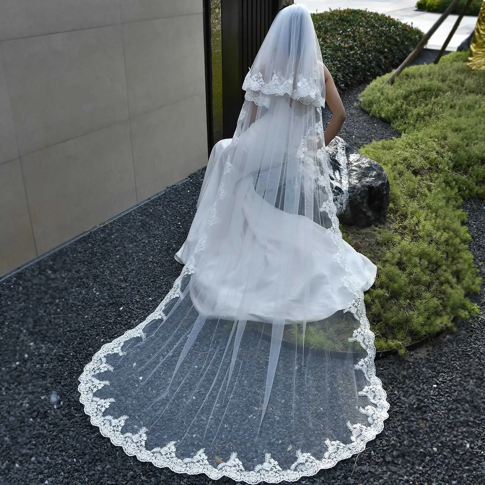 Gioielli per capelli M24 Veli lunghi 2 strati Sposa con fard Cattedrale Lunghezza Pizzo Applique Bordo Velo Accessori da sposa_voghion.com