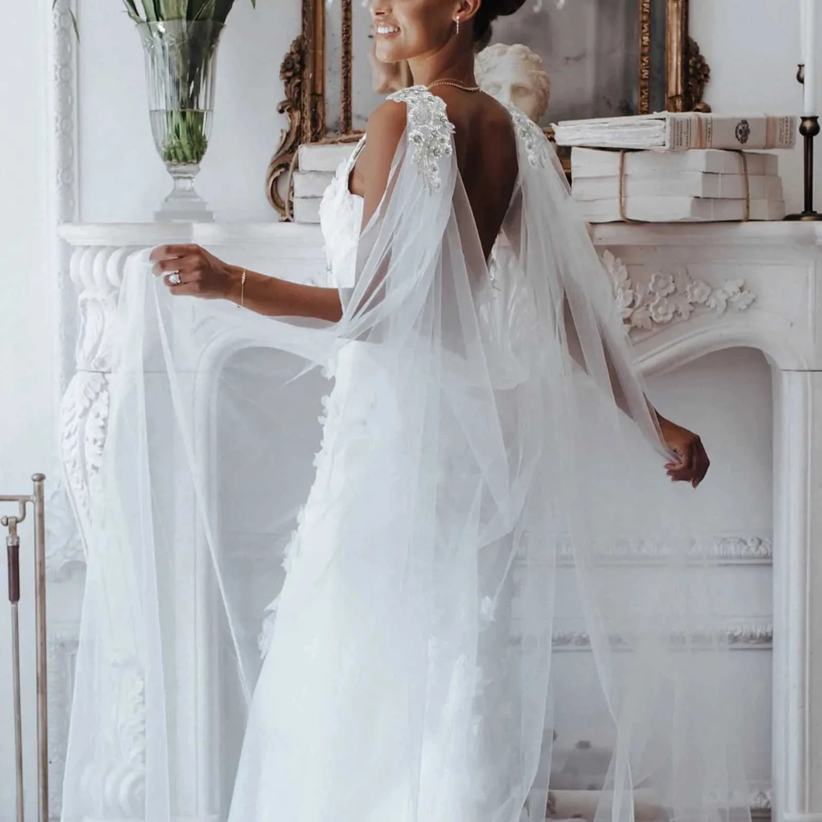Bruids cape sluier voor dames bruiloft schouderbedekking tule_voghion.com