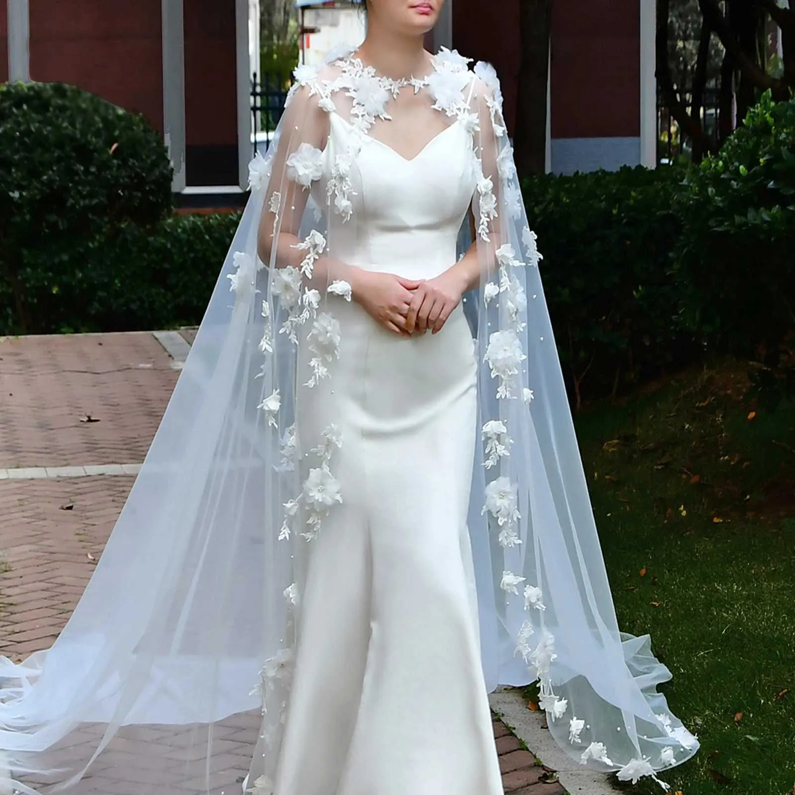 Brudslöja cape med 3d blommor bröllopshåraccessoarer för brud_voghion.com