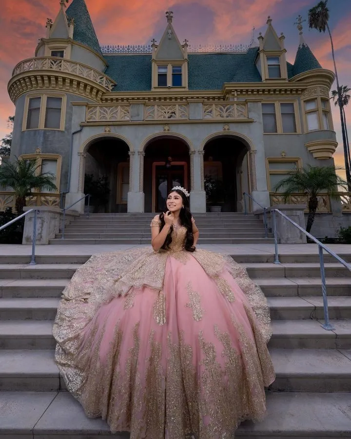 light pink with gold quince dress Light Pink Quinceanera Dresses Gold Appliques Sweet 15 16 Prom Party Dress