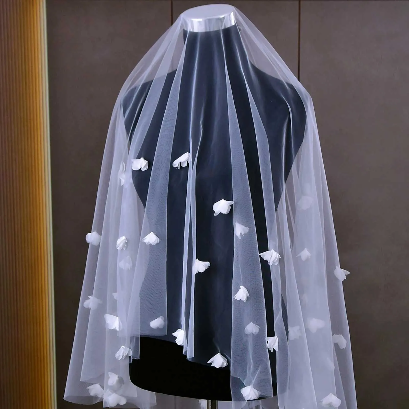 Voile de mariée avec fleurs 3d long voile cathédrale pour mariage_voghion.com