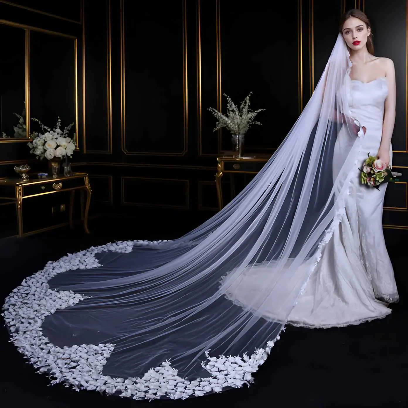 Hair Jewelry 03 Long Cathedral Length Wedding Veil 3D Flowers Soft Bridal Illusion with Comb Bride to be Accessories_voghion.com