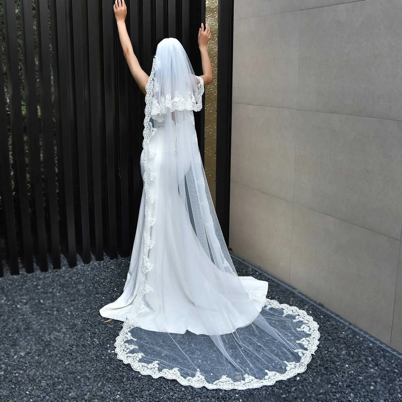 Gioielli per capelli M24 Veli lunghi 2 strati Sposa con fard Cattedrale Lunghezza Pizzo Applique Bordo Velo Accessori da sposa_voghion.com