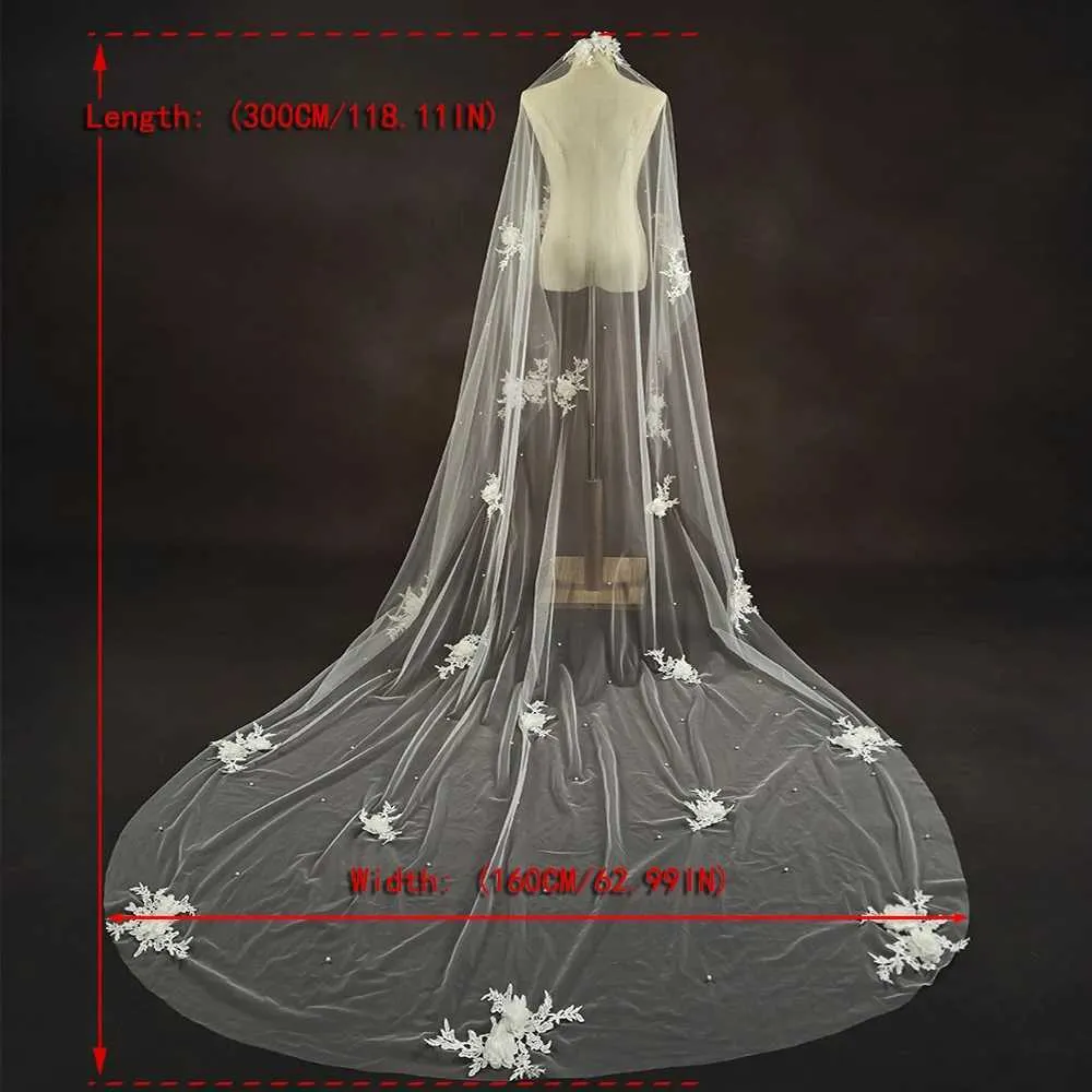 Gioielli per capelli 3D Fiori Veli da sposa Perle Velo 1 strato Lungo Cattedrale veu con pettine Accessori da sposa per la sposa VP56_voghion.com