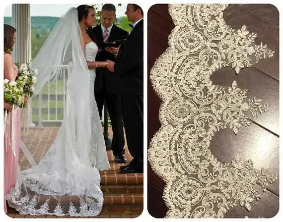 Haarschmuck für Hochzeiten, Spitze, Kathedrale, Elfenbein, Schleier, lange Accessoires, Brautapplikation, Spitze, weiße Hochzeitsoberteile, Frauen_voghion.com