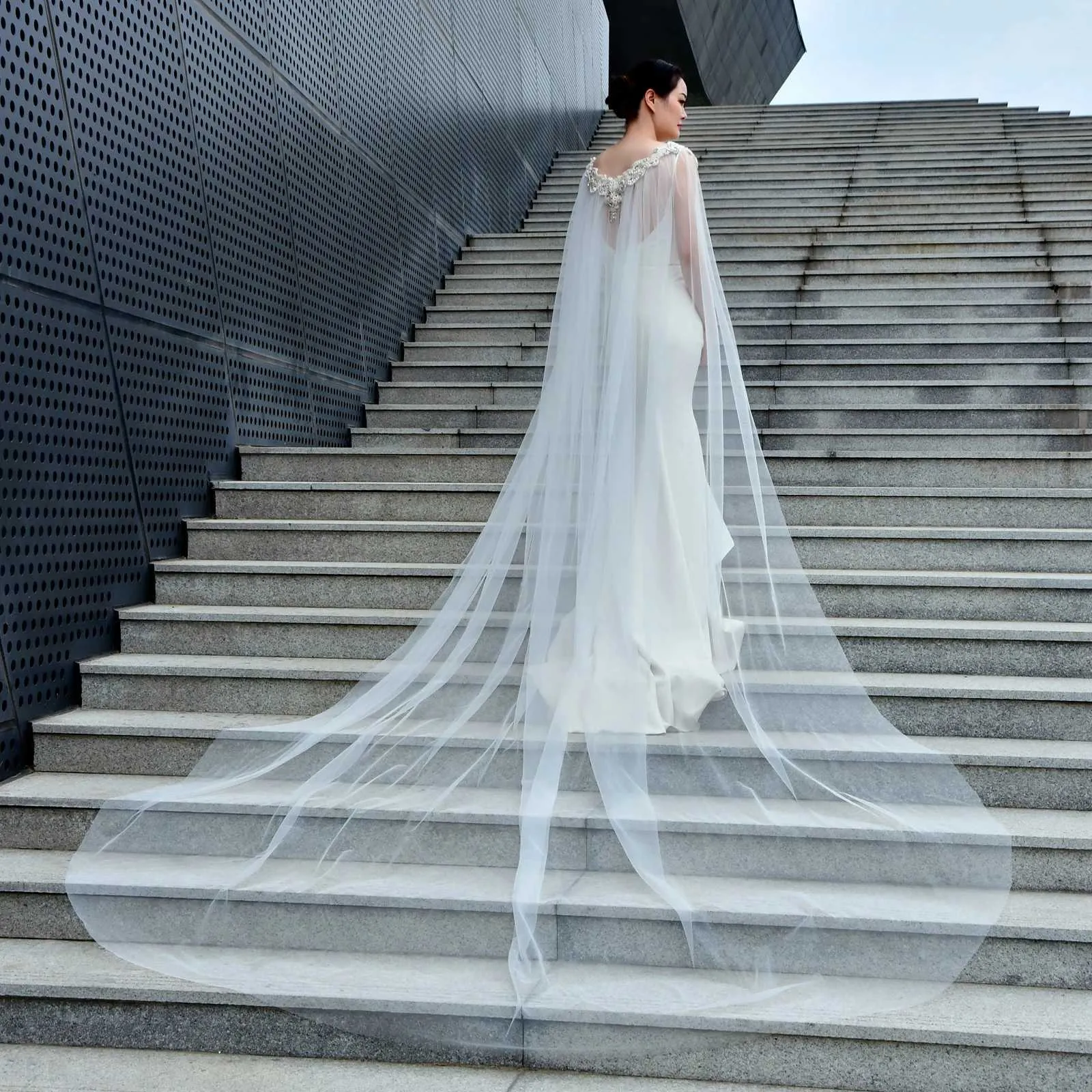 Long Bridal Cape Veil With 3d Flowers Elegant Wedding Shawl_voghion.com