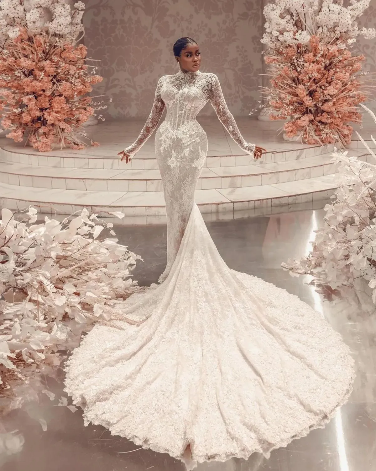 chinese dress ladies Pleated Ruffled Off Shoulder with Sleeves Mermaid Wedding Dress