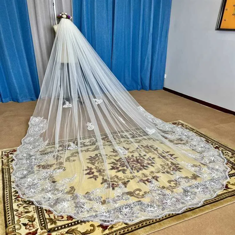 Bridal Veil White Ivory Cathedral Sequin Lace Wedding Accessories_voghion.com